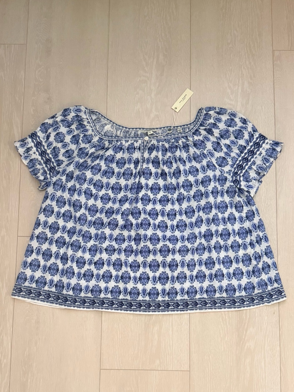 Max Studio White Blouse with Blue Floral Print